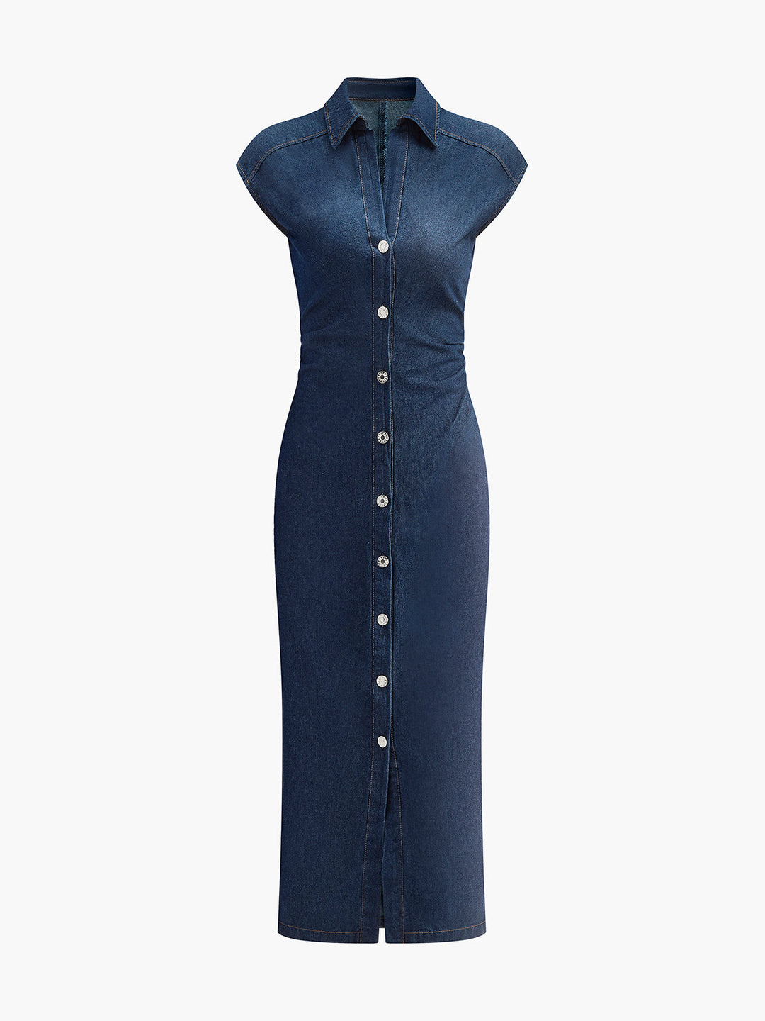 V-Ausschnitt Ärmelloses Knopf-Denimkleid