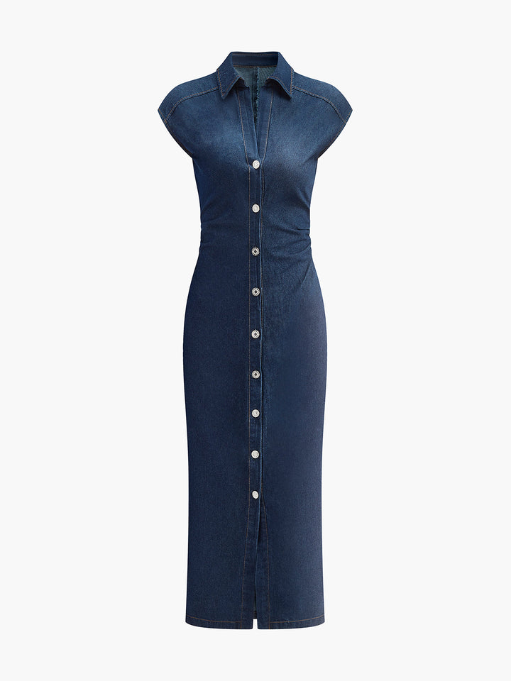 V-Ausschnitt Ärmelloses Knopf-Denimkleid