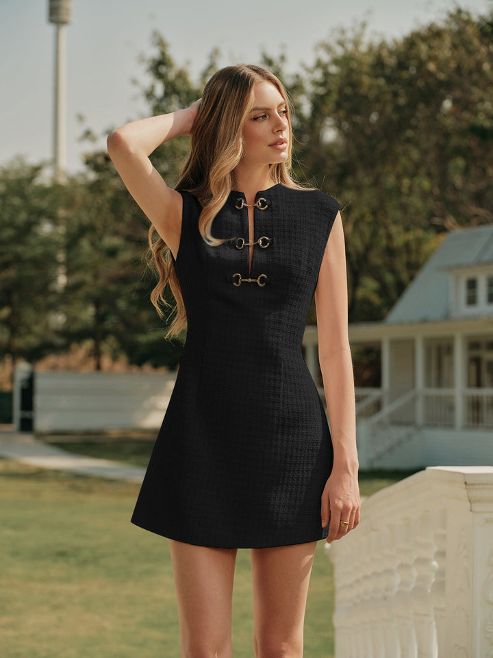 Metal Button Tweed Ärmelloses Kleid