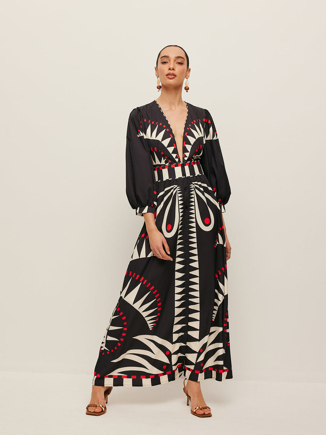 Boho Print V-Ausschnitt Kleid mit Schlitz