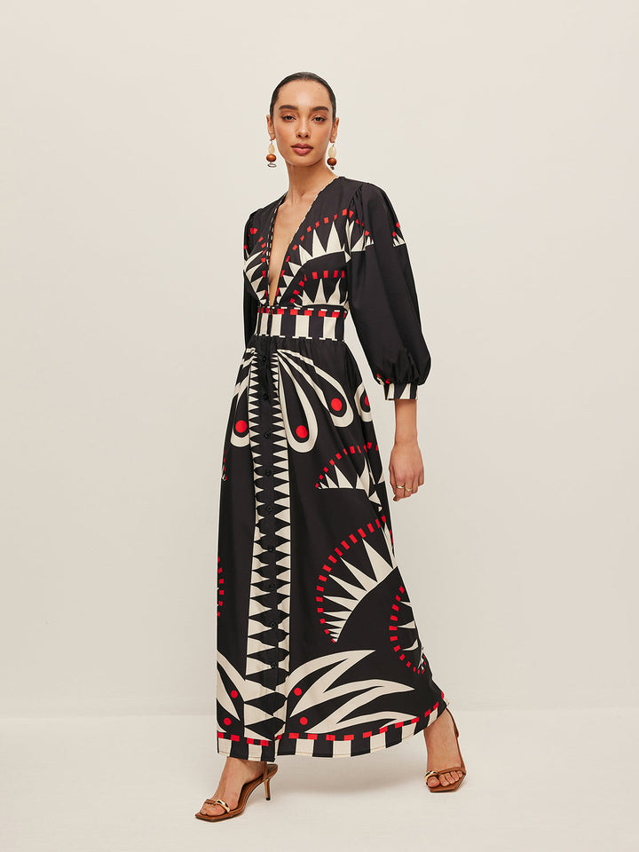 Boho Print V-Ausschnitt Kleid mit Schlitz