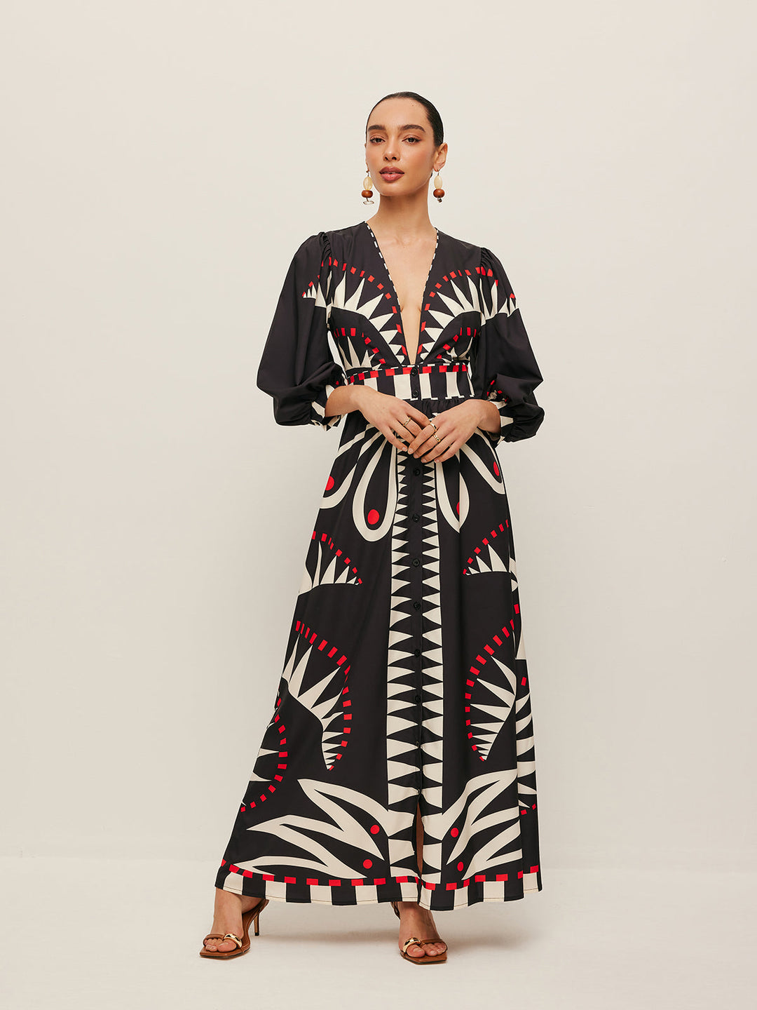 Boho Print V-Ausschnitt Kleid mit Schlitz
