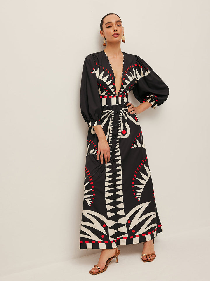 Boho Print V-Ausschnitt Kleid mit Schlitz