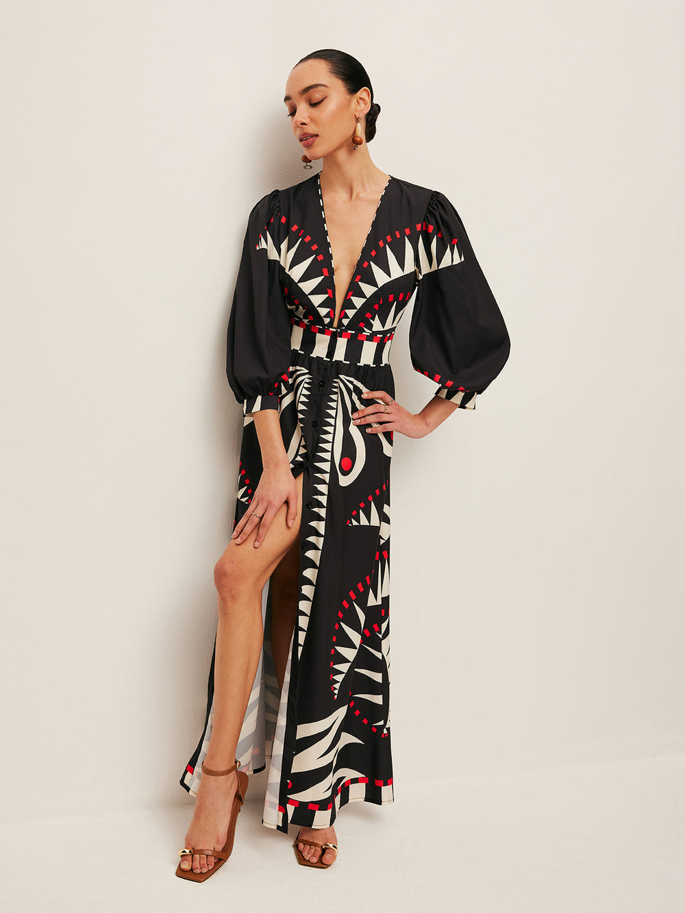 Boho Print V-Ausschnitt Kleid mit Schlitz