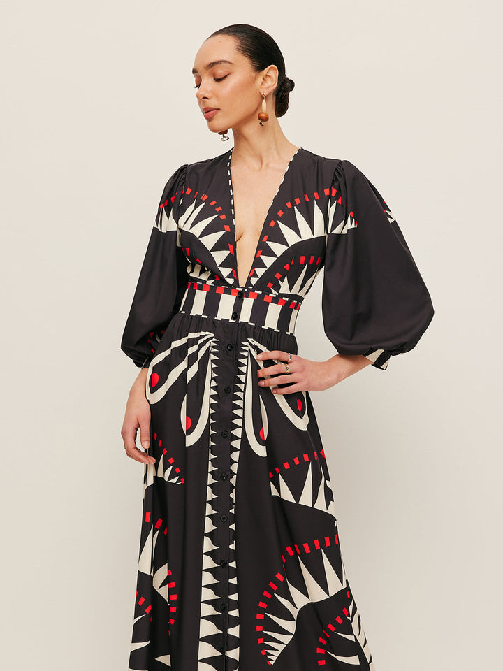 Boho Print V-Ausschnitt Kleid mit Schlitz