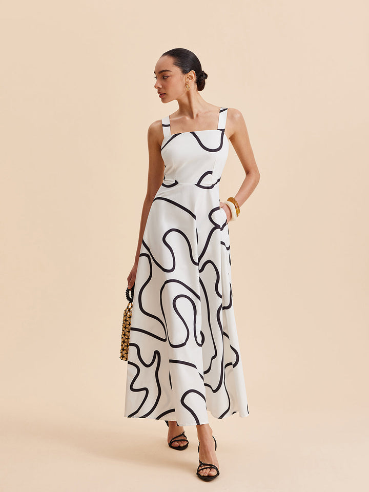 Abstraktes Kleid mit eckigem Trägerausschnitt und Print