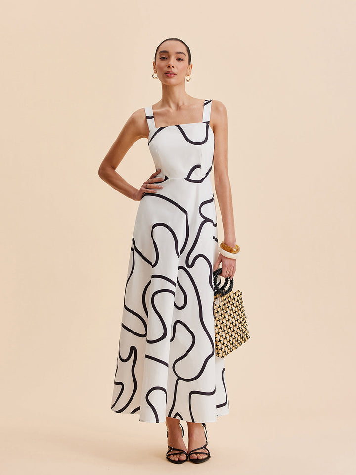 Abstraktes Kleid mit eckigem Trägerausschnitt und Print