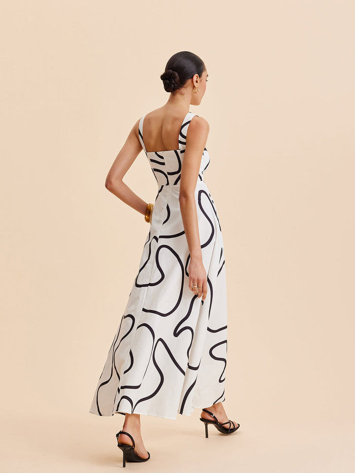 Abstraktes Kleid mit eckigem Trägerausschnitt und Print
