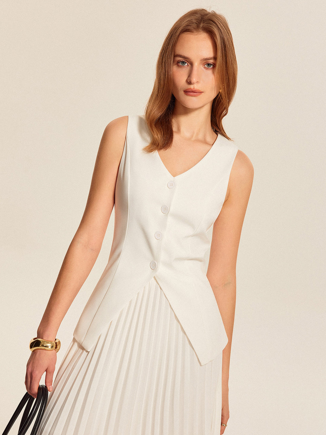 Buttoned Vest Plissee Rock Set