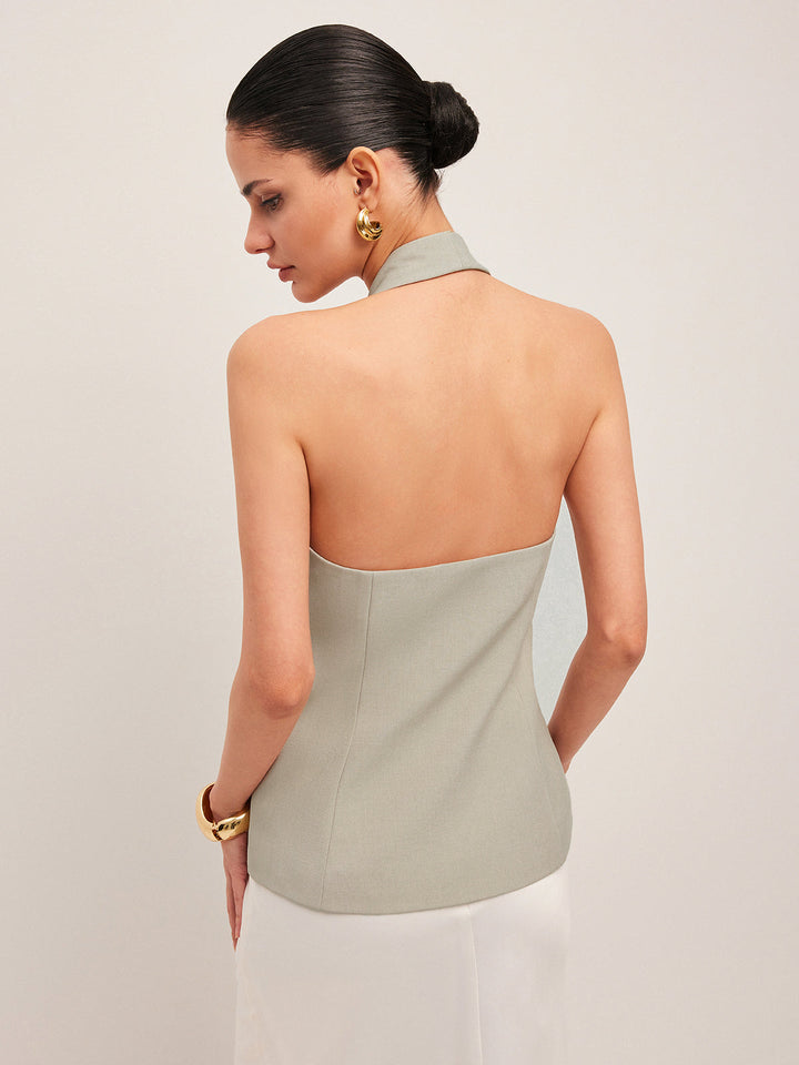 Träger-Neck-Metal-Button-Detail-Rückenfreies-Weste