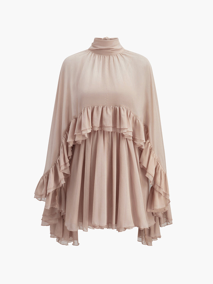 Halbdurchsichtiges Chiffon-Rüschenkleid mit Außencape