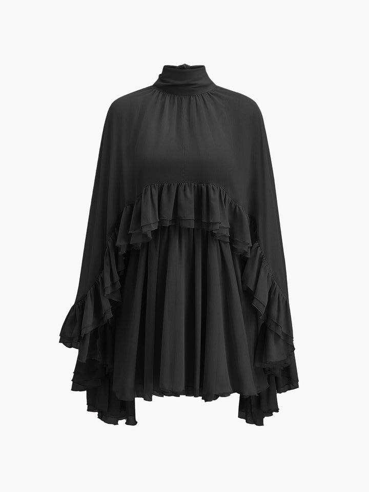 Halbdurchsichtiges Chiffon-Rüschenkleid mit Außencape