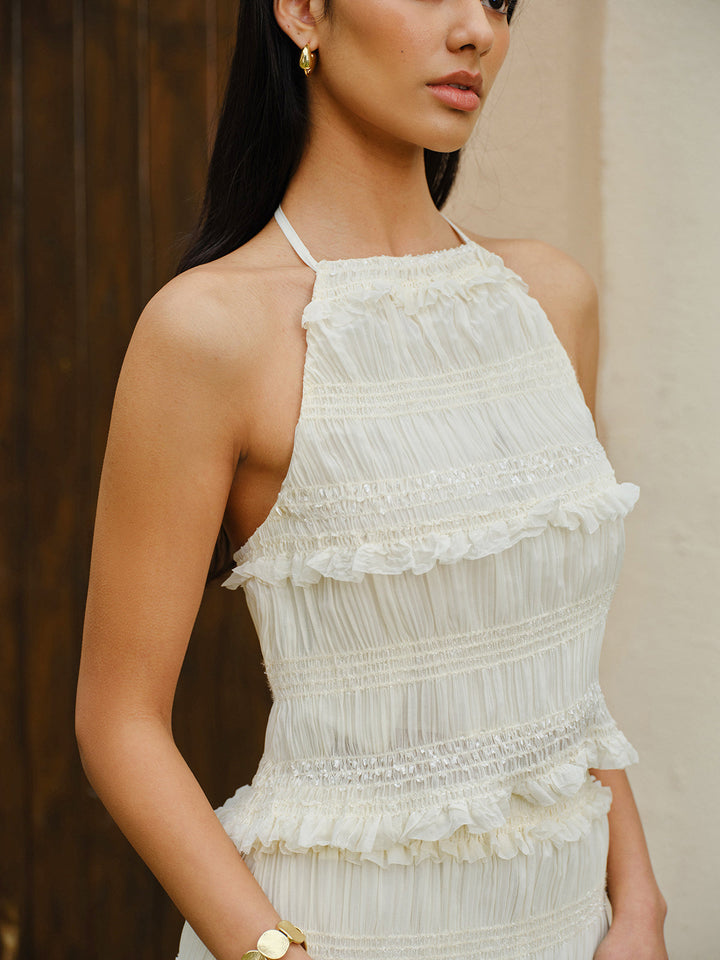 Smocked Neckholder Crop Top mit Stufenrock-Set