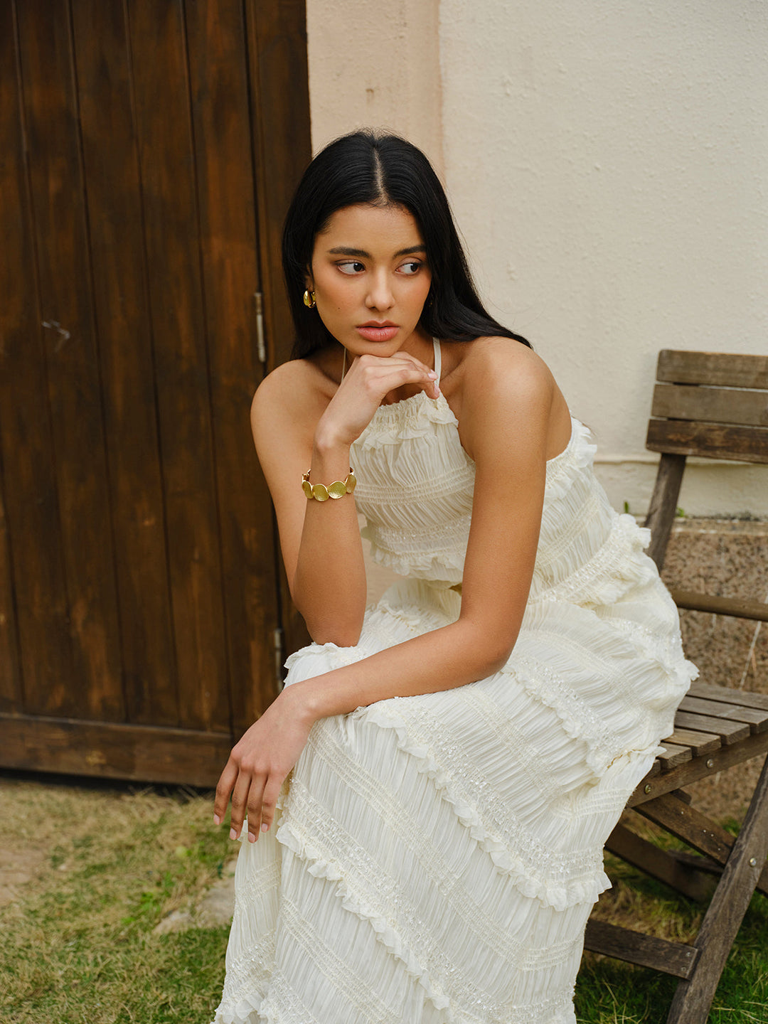 Smocked Neckholder Crop Top mit Stufenrock-Set