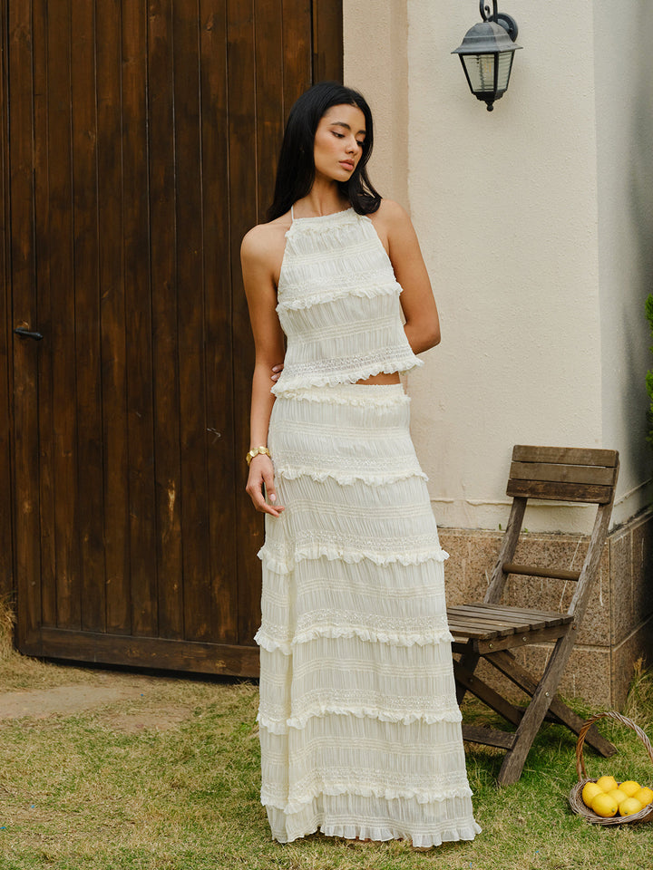 Smocked Neckholder Crop Top mit Stufenrock-Set