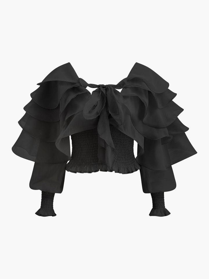Halbtransparente Chiffon-Bluse mit Rüschen und Rückenausschnitt