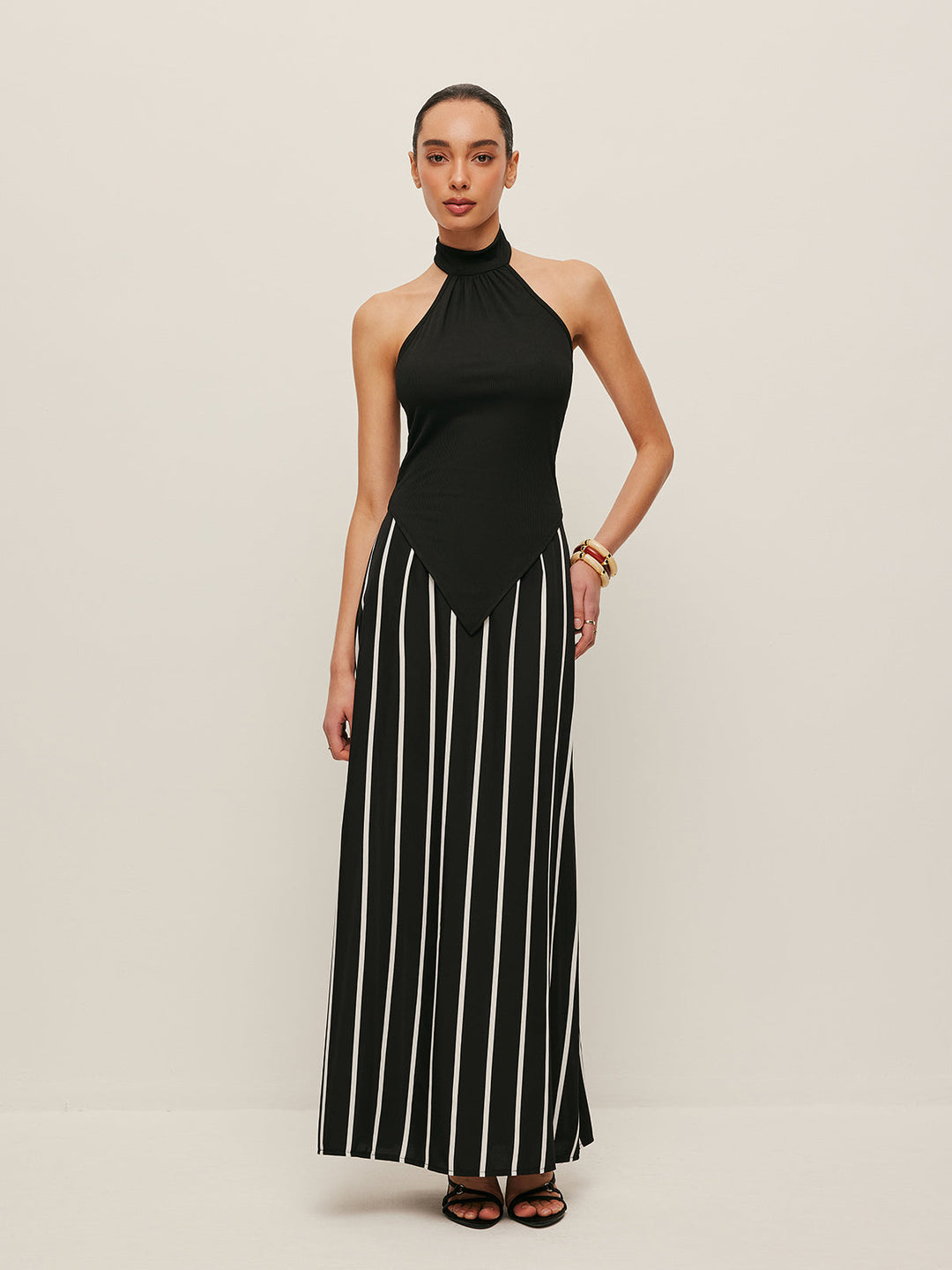 High Neck Asymmetric Panel Stripe Rock Set