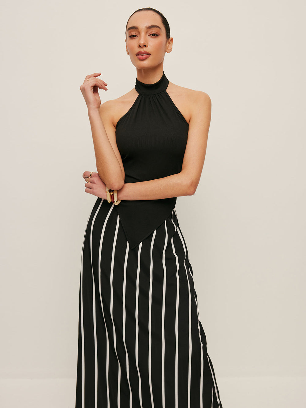 High Neck Asymmetric Panel Stripe Rock Set
