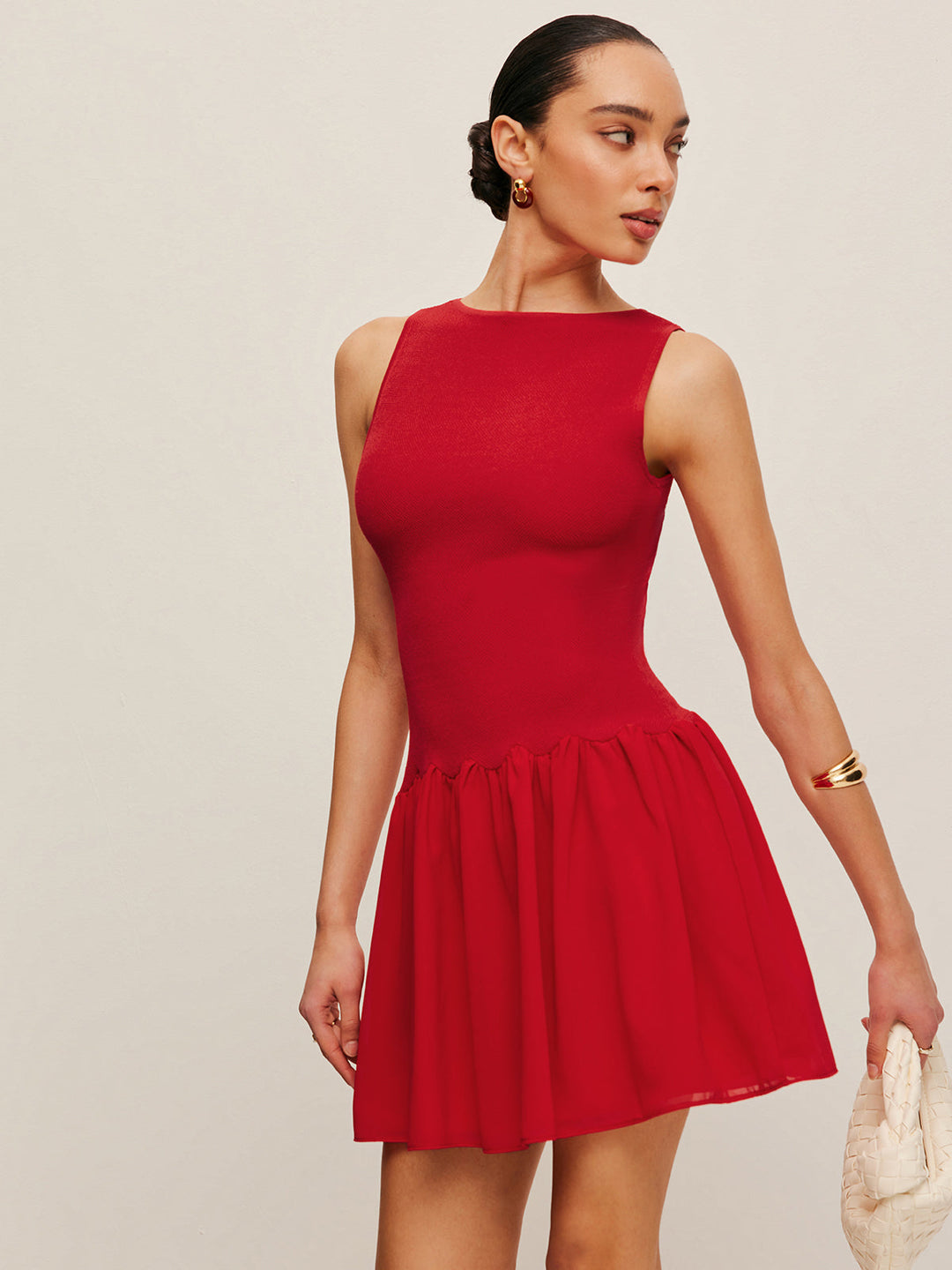 Ärmelloses Strick Chiffon Kleid