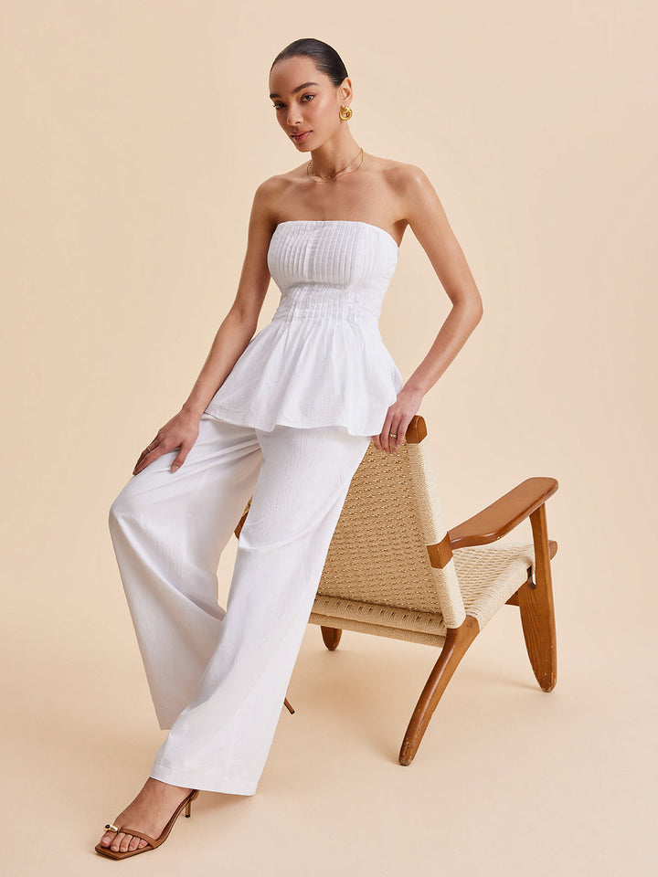 Baumwollhose mit weitem Bein, mittelhohem Bund und Taschen