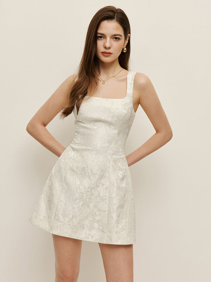 Blumen Jacquard Kleid mit quadratischem Ausschnitt