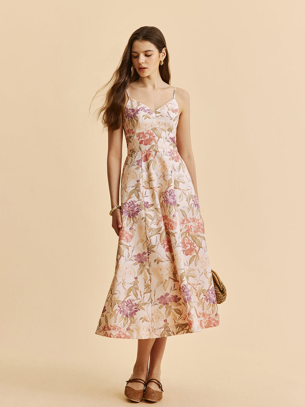Romantisches A-Linien-Cami-Kleid mit V-Ausschnitt und Blumenmuster