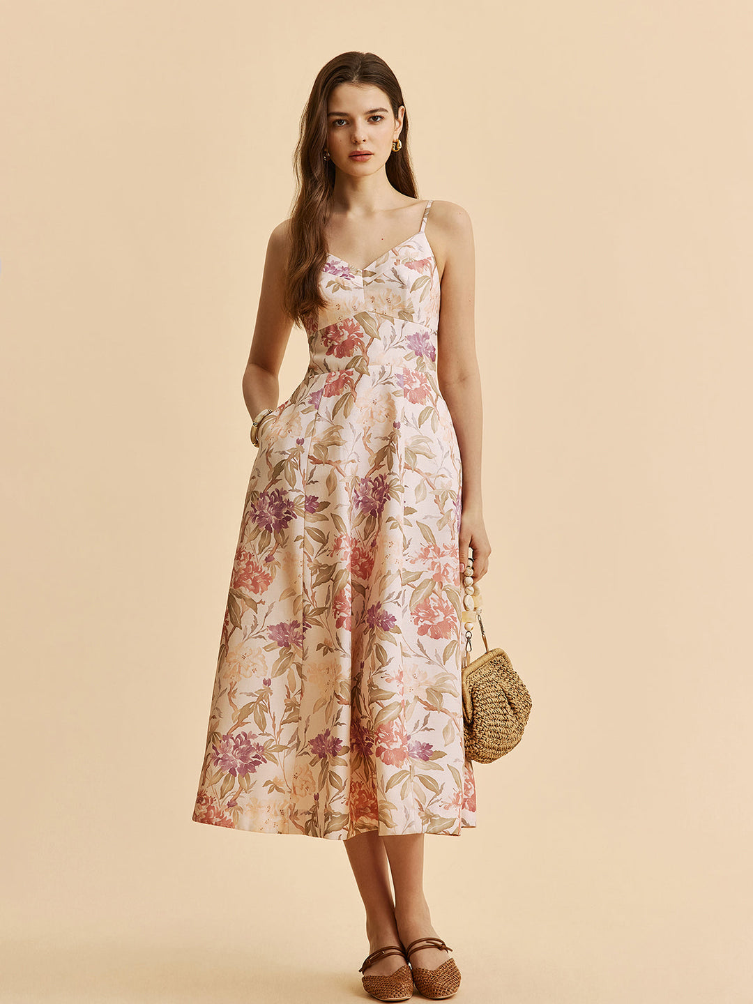 Romantisches A-Linien-Cami-Kleid mit V-Ausschnitt und Blumenmuster