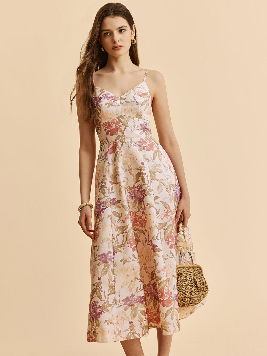 Romantisches A-Linien-Cami-Kleid mit V-Ausschnitt und Blumenmuster
