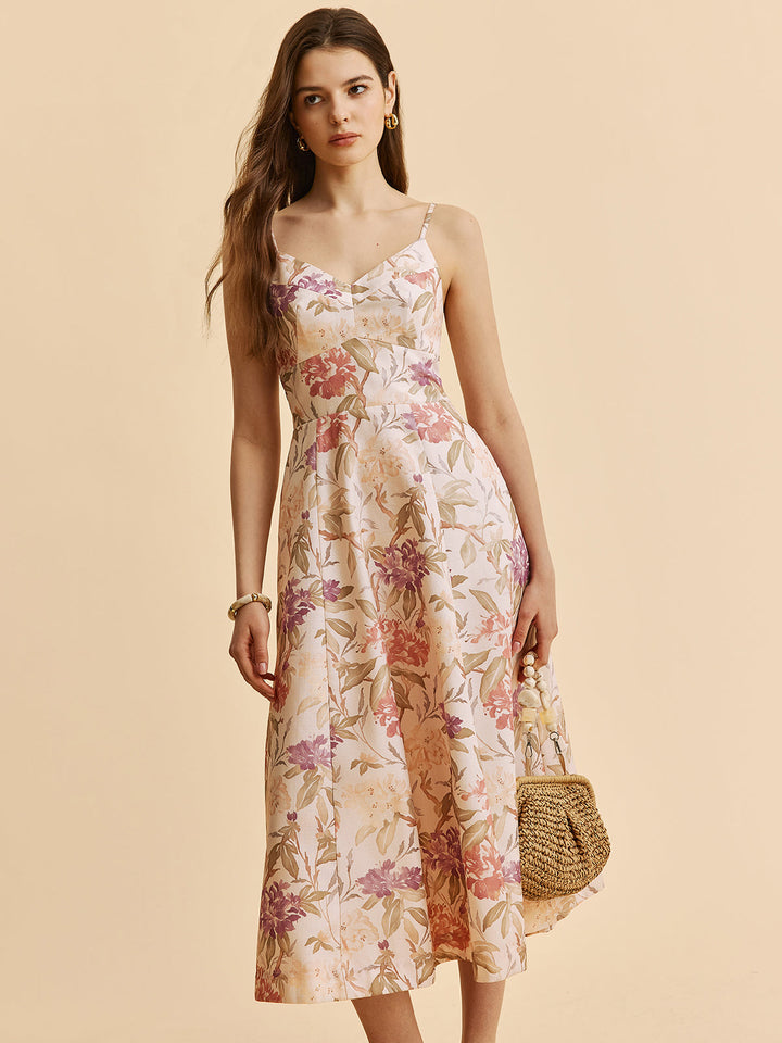 Romantisches A-Linien-Cami-Kleid mit V-Ausschnitt und Blumenmuster