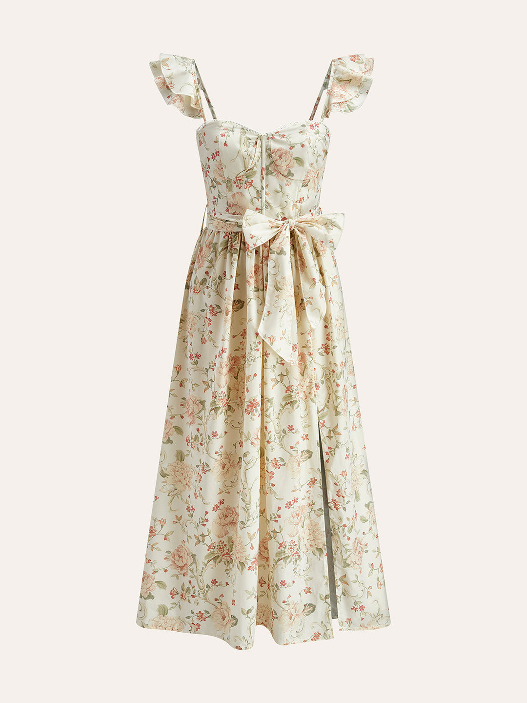 Kleid mit Rüschenärmeln und Schleife in der Taille mit floralem Schlitz