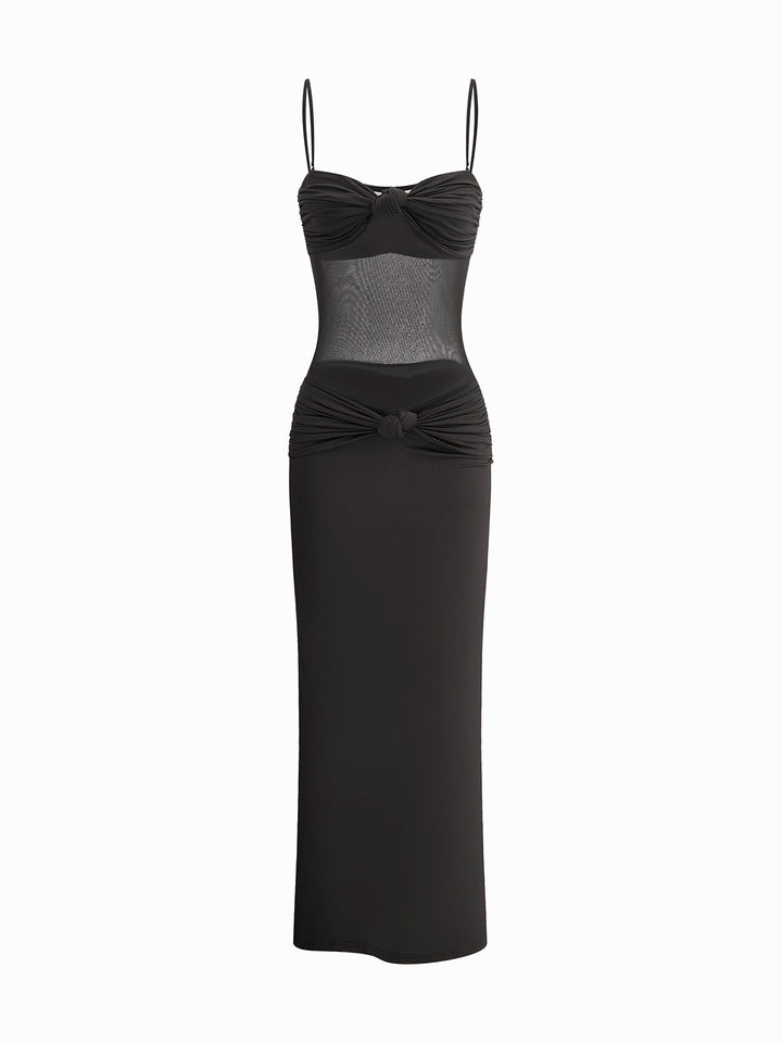 Gerüschter Brust-Mesh-Detail-Geknotetes Kleid