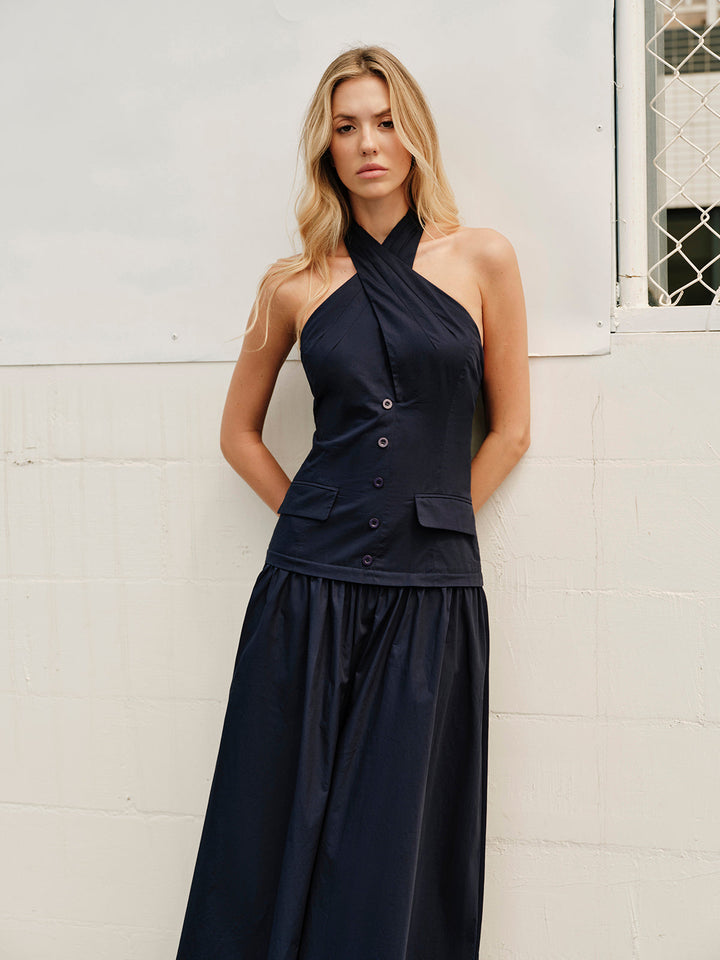 Kleid mit überkreuztem Kragen und Reißverschlusstaschen