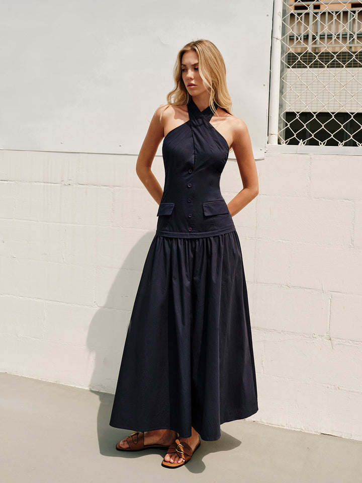Kleid mit überkreuztem Kragen und Reißverschlusstaschen