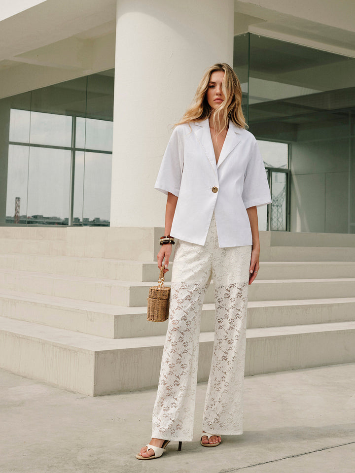 Baumwoll- & Leinen-Bluse mit Metallkragen