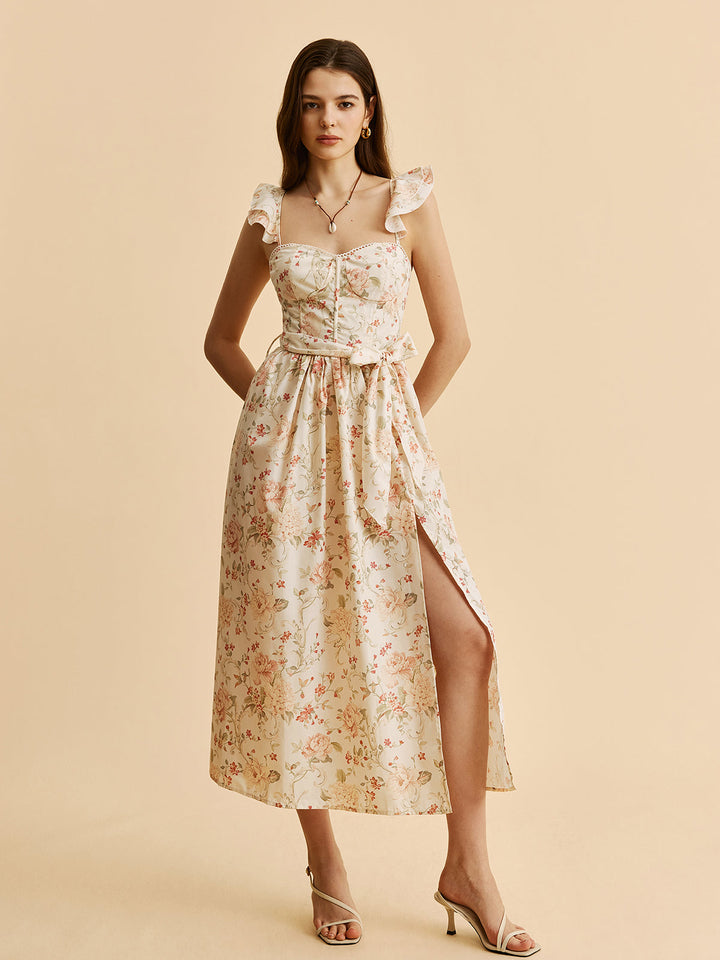 Kleid mit Rüschenärmeln und Schleife in der Taille mit floralem Schlitz
