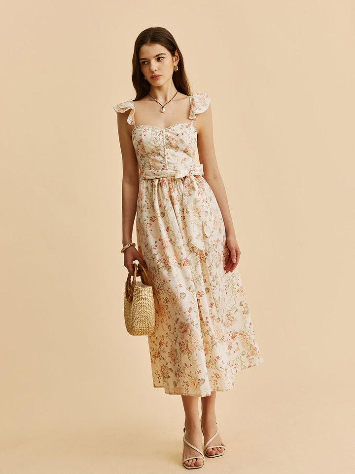 Kleid mit Rüschenärmeln und Schleife in der Taille mit floralem Schlitz