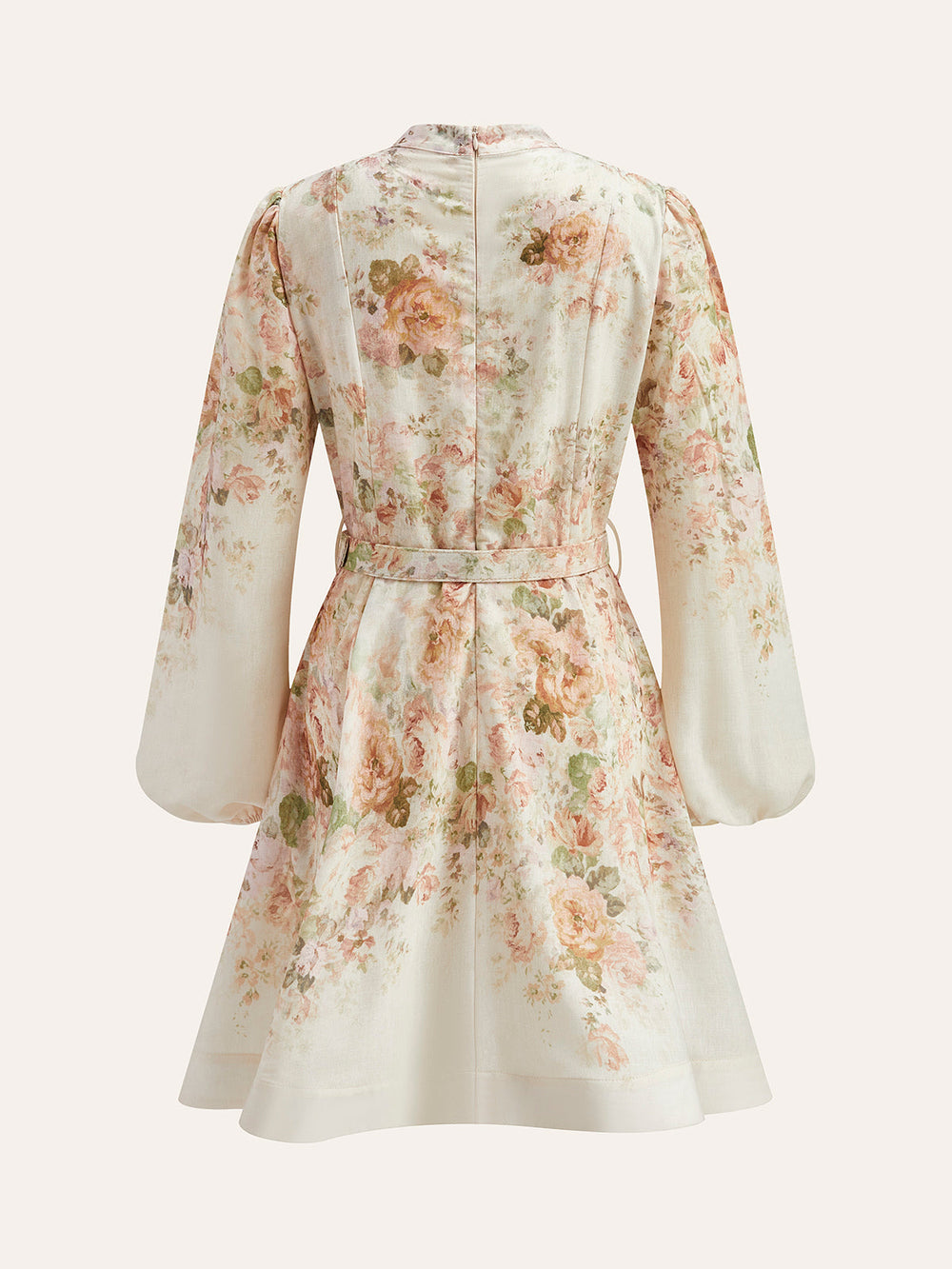 Kleid mit Puffärmeln aus Baumwolle und Leinen mit Blumenmuster und Gürtel