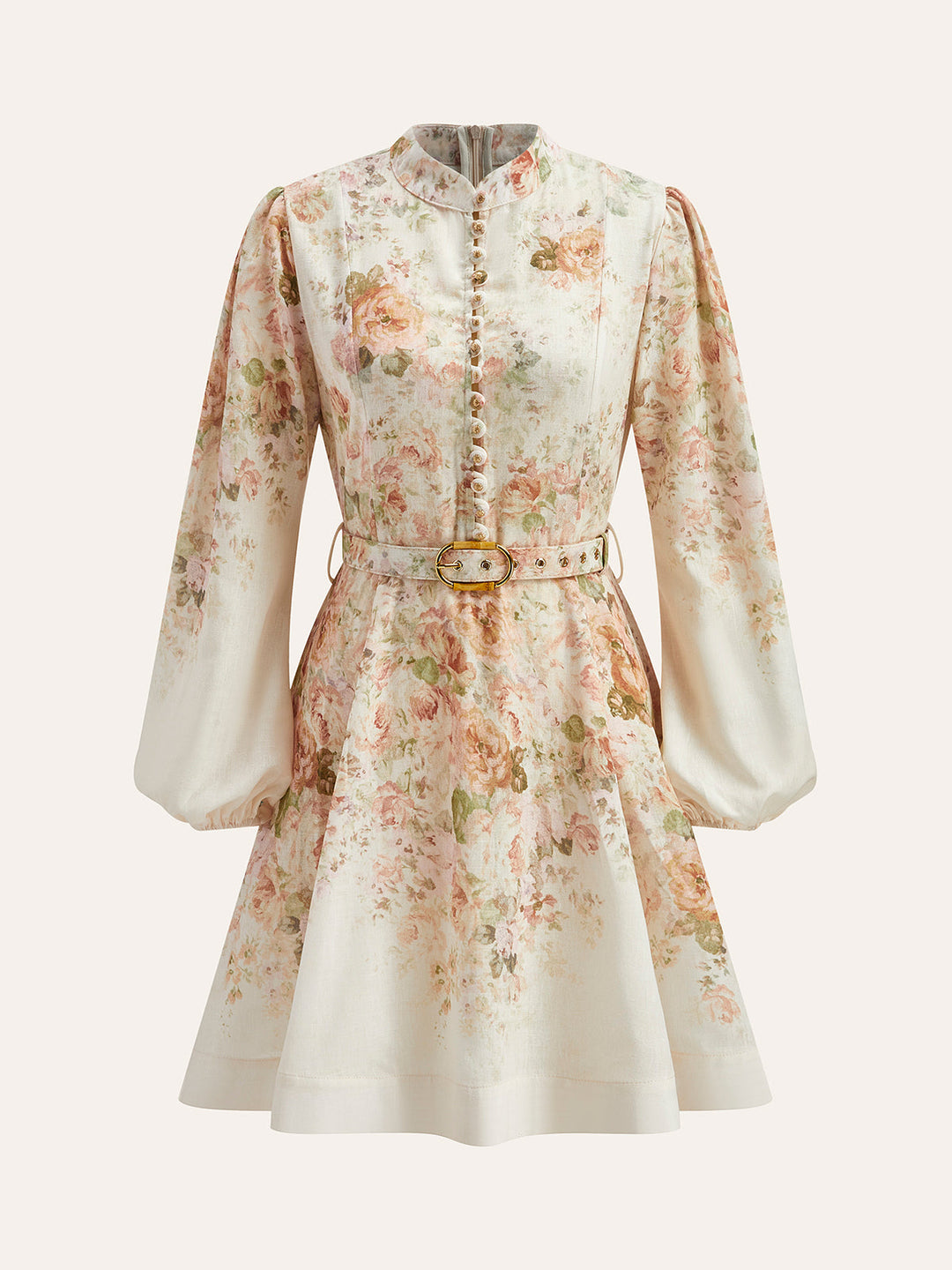 Kleid mit Puffärmeln aus Baumwolle und Leinen mit Blumenmuster und Gürtel