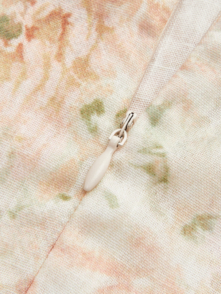 Kleid mit Puffärmeln aus Baumwolle und Leinen mit Blumenmuster und Gürtel