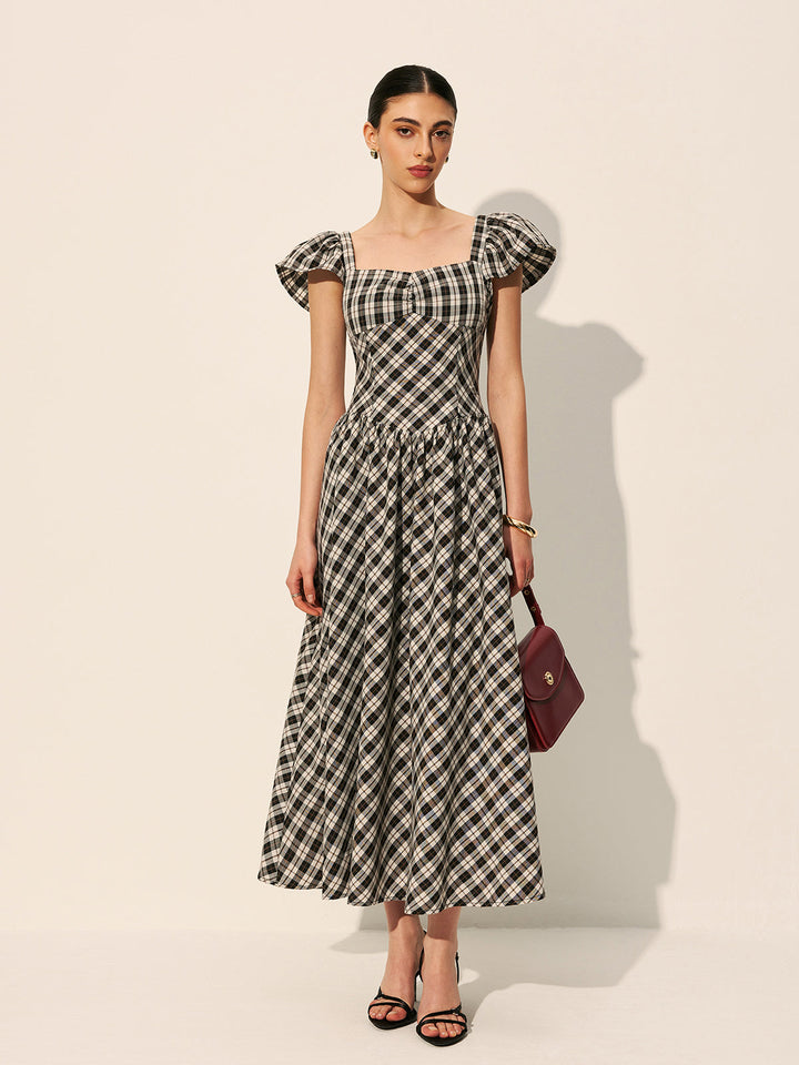 Schachbrett-Kleid mit Puffärmeln