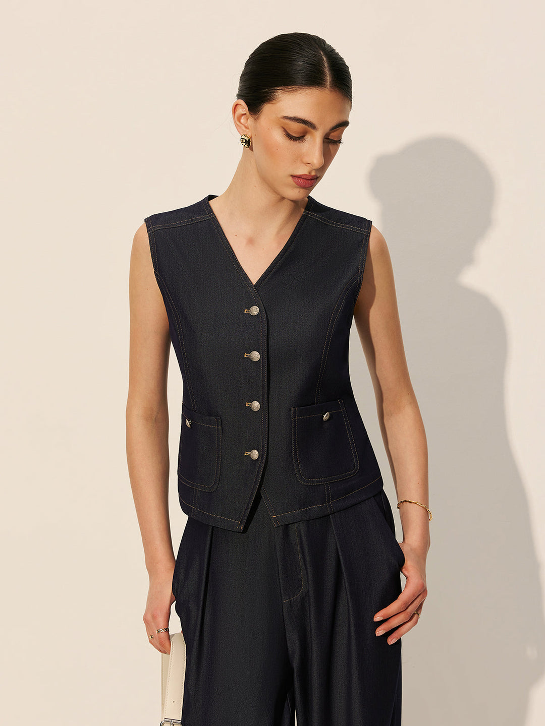 Denim Pockets Buttoned Weste