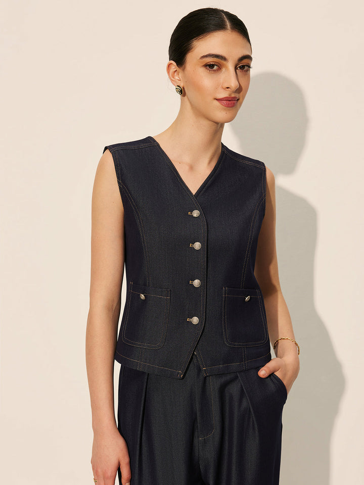 Denim Pockets Buttoned Weste