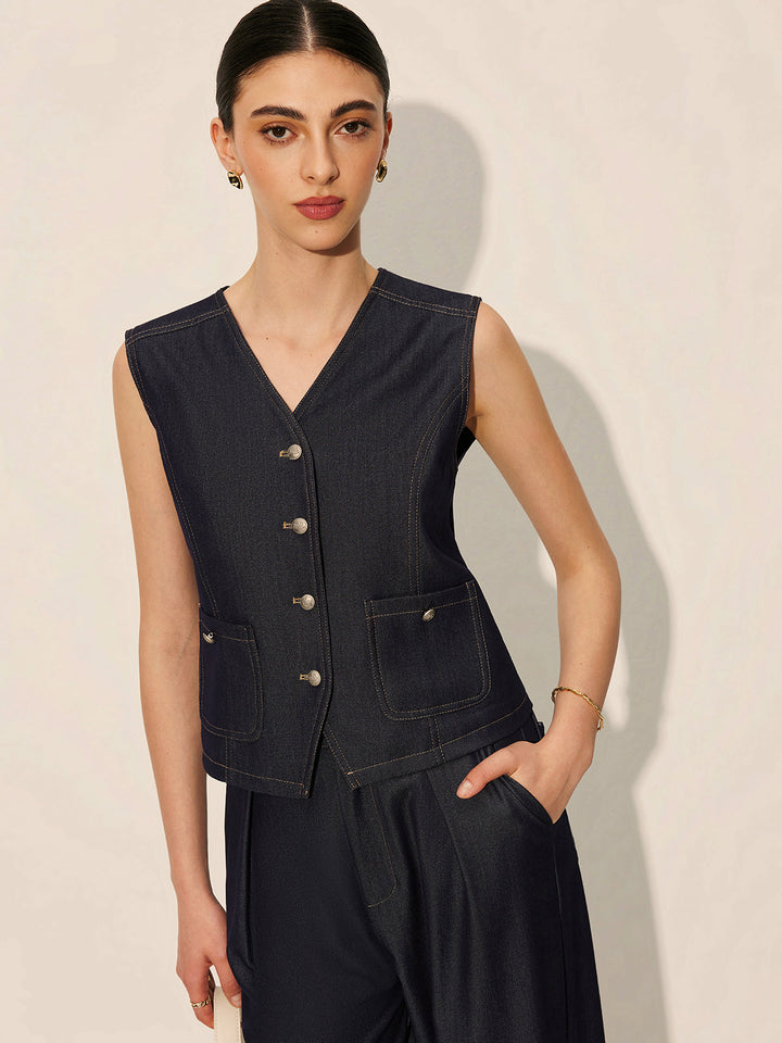 Denim Pockets Buttoned Weste