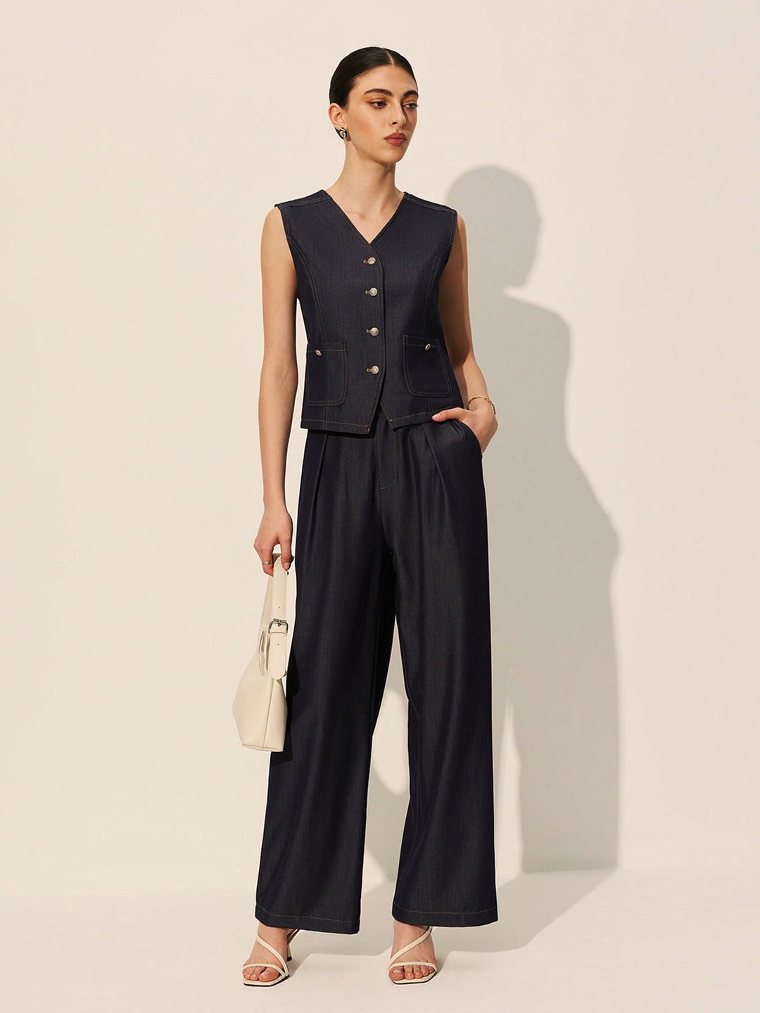 Mid-Waist Pockets Wide-Leg Denim-Hose