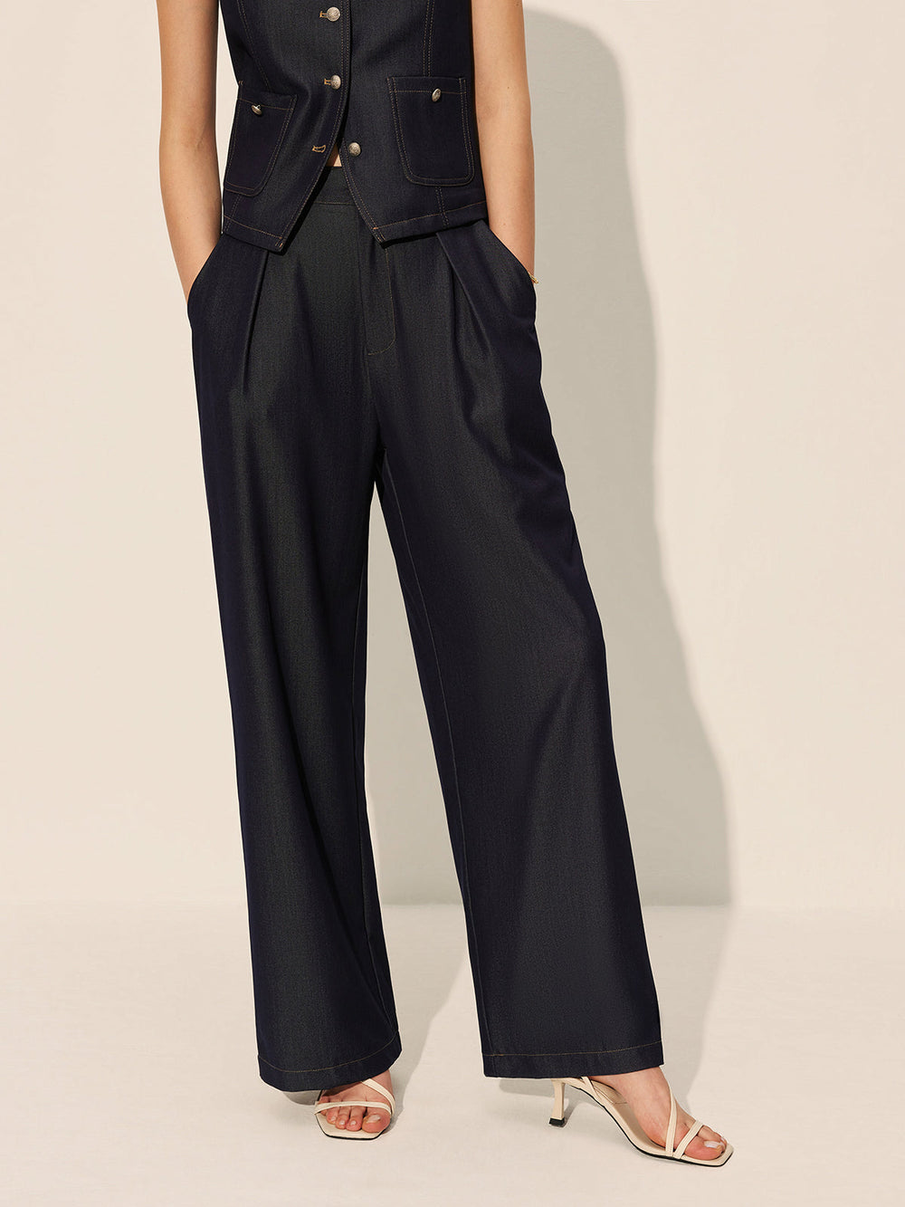 Mid-Waist Pockets Wide-Leg Denim-Hose