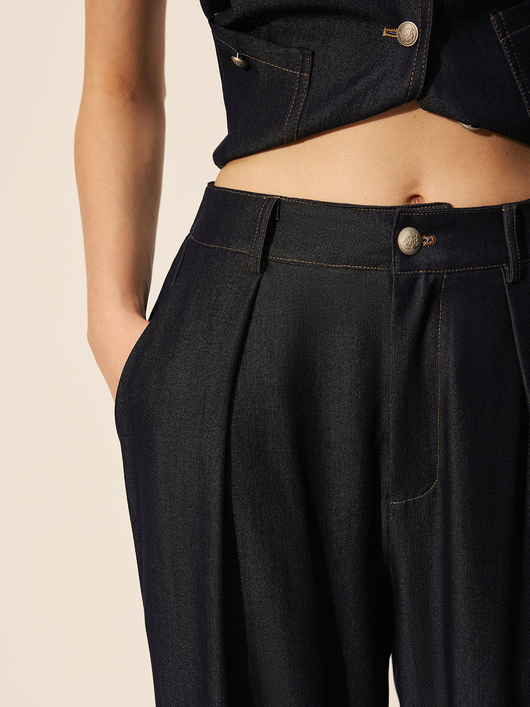 Mid-Waist Pockets Wide-Leg Denim-Hose