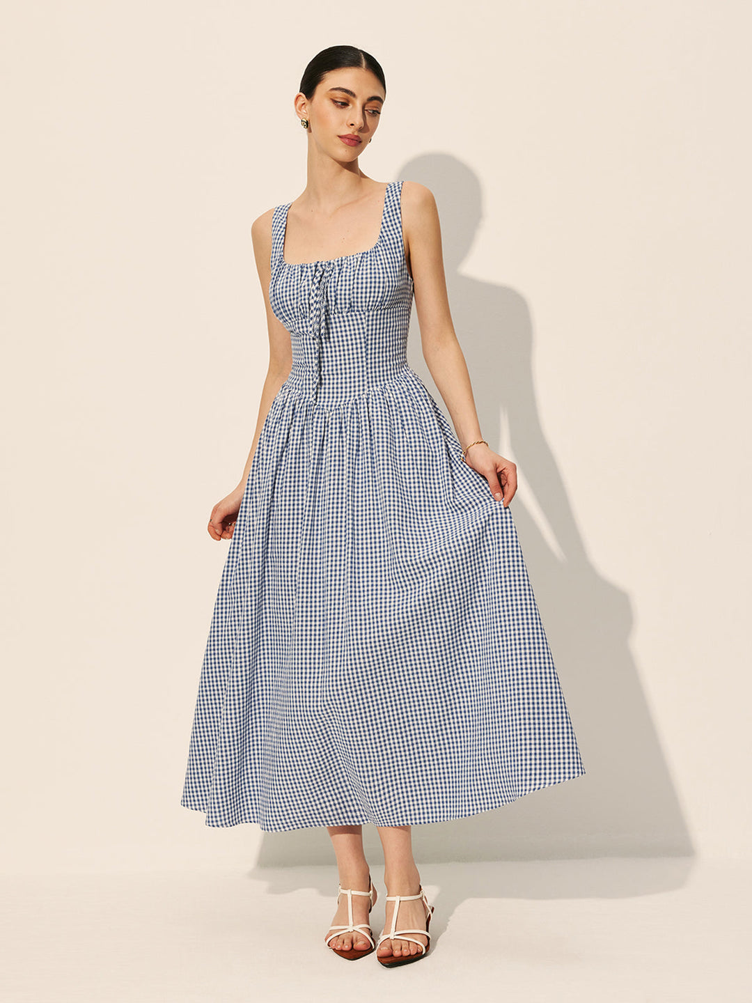 Baumwoll-Karo-Kleid mit Bindedetail