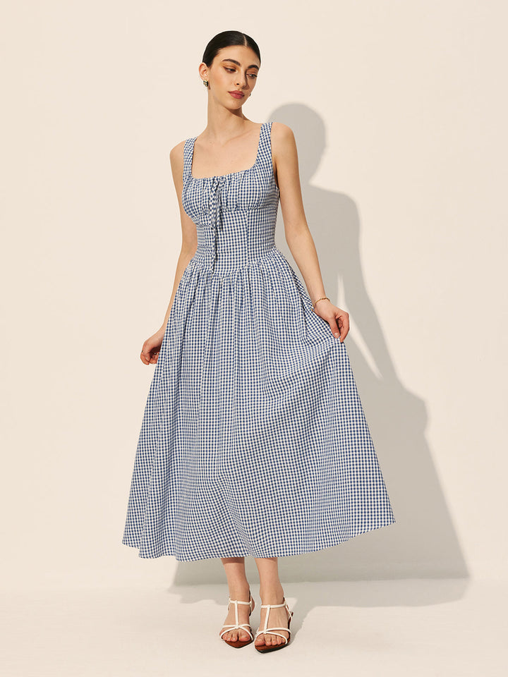 Baumwoll-Karo-Kleid mit Bindedetail