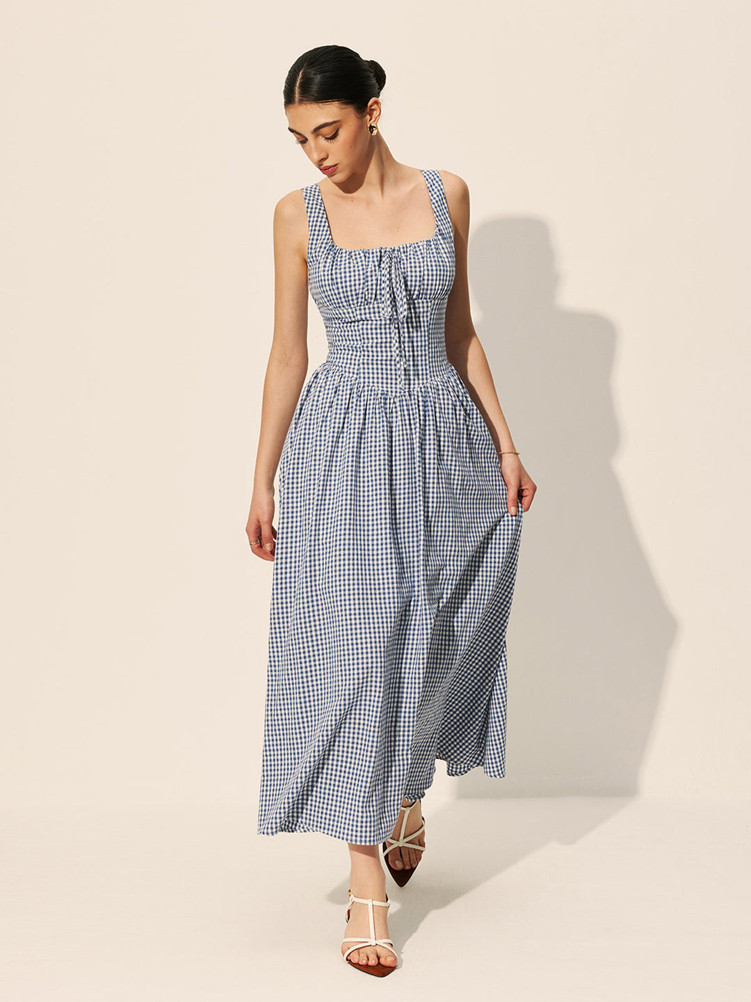 Baumwoll-Karo-Kleid mit Bindedetail