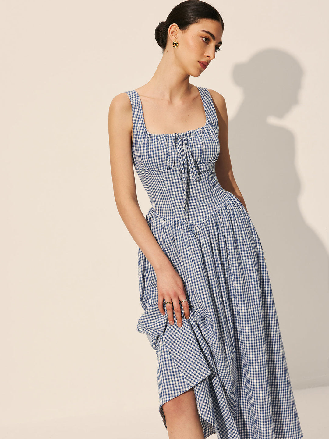 Baumwoll-Karo-Kleid mit Bindedetail